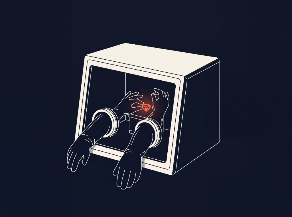 Glovebox with hands working on a jewel without opening the lid