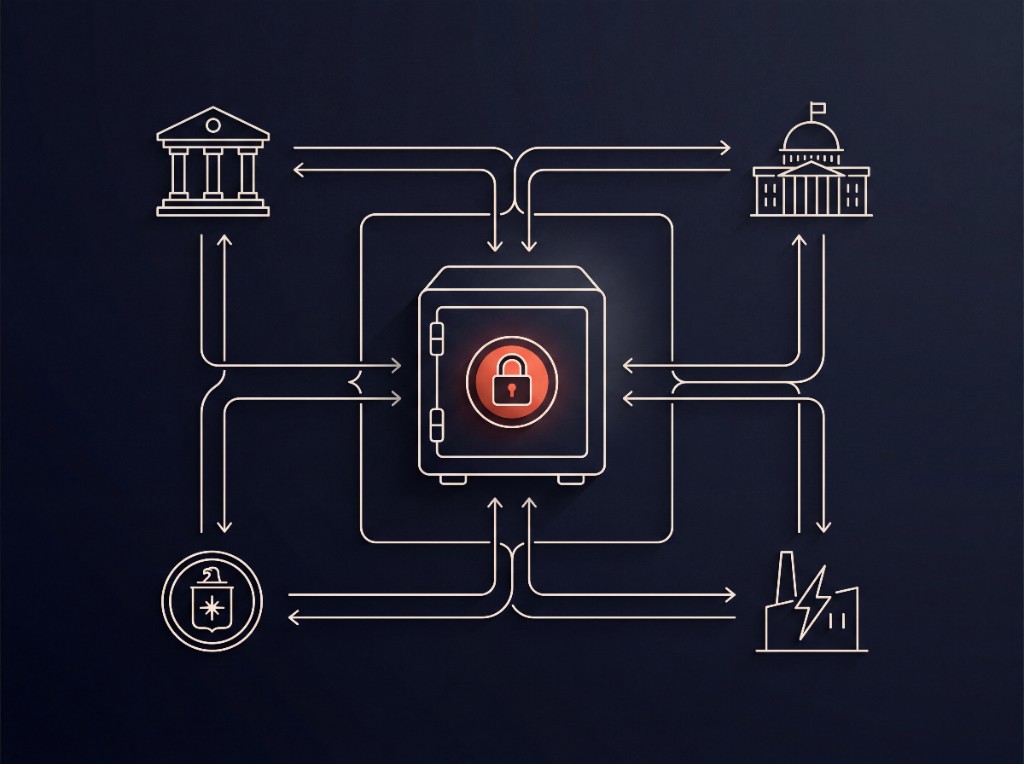 Banks, governments, defence, and utilities connected to a locked vault